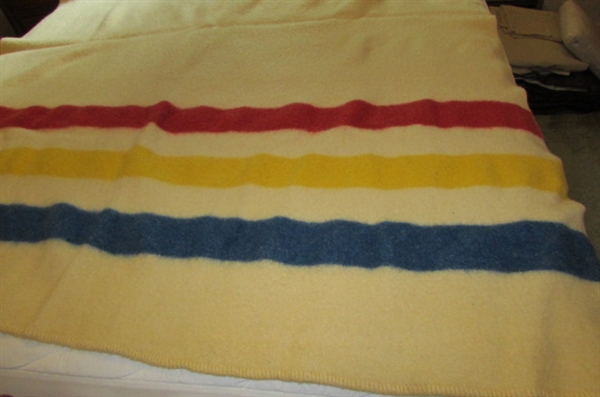 METAL QUILT RACK WITH QUILT, VTG WOOL BLANKET & HAND CROCHETED THROW