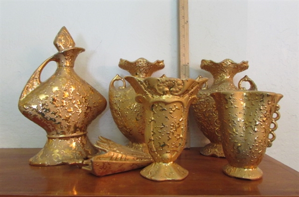 HAND DECORATED 22 KT GOLD PAINTED VASES, 'McCOY' WALL VASE & DECANTER