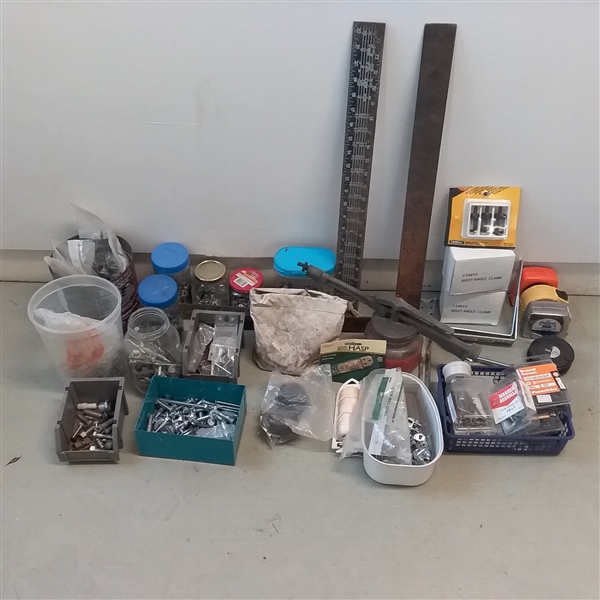 LOT OF GARAGE ITEMS- TOOLS, NUTS, BOLTS, HARDWARE AND MORE