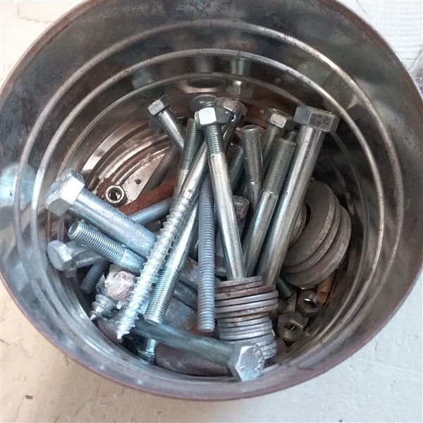 LOT OF GARAGE ITEMS- TOOLS, NUTS, BOLTS, HARDWARE AND MORE