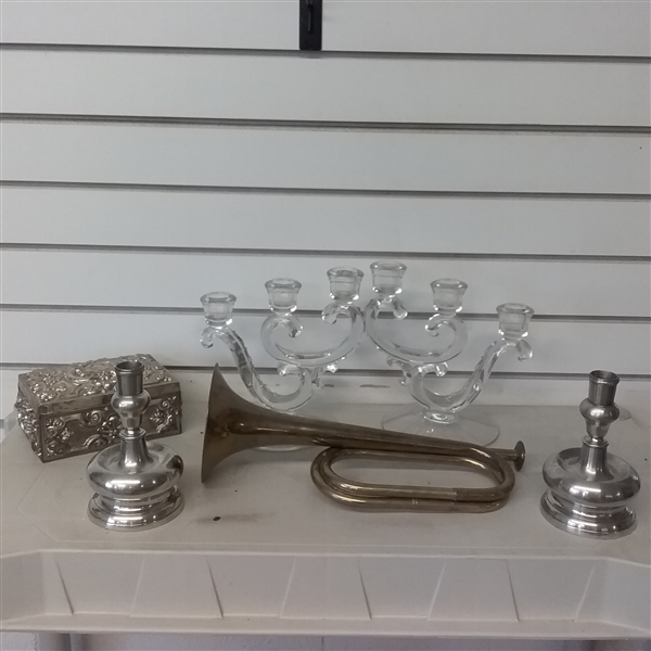 CANDLESTICKS, BUGLE, AND JEWELRY BOX