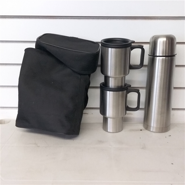IGLOO BEVERAGE COOLER, TRAVEL MUGS, THERMOS, PORTABLE BURNER, BUCKET, AND CAMPING CHAIR
