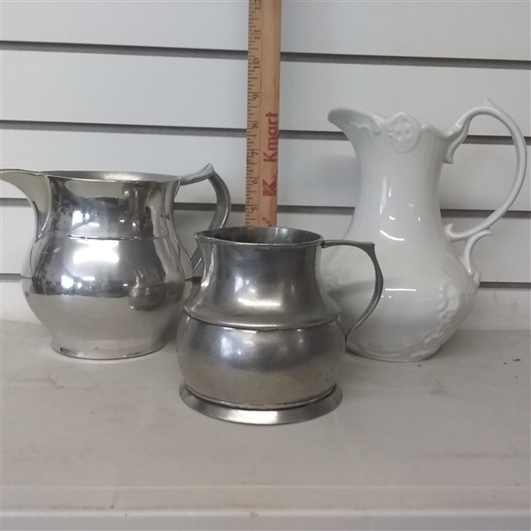 PITCHERS, CREAMER, AND PYREX MEASURING CUPS