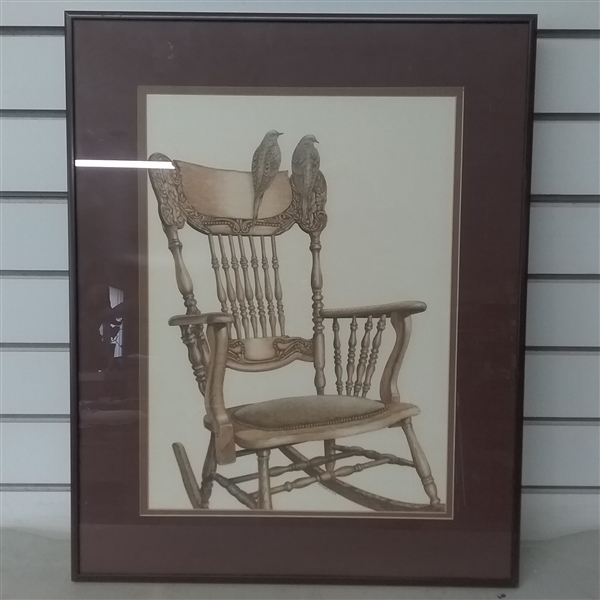 FRAMED 1984 RAY FOSTER DRAWING OF AN ANTIQUE CHAIR WITH BIRDS