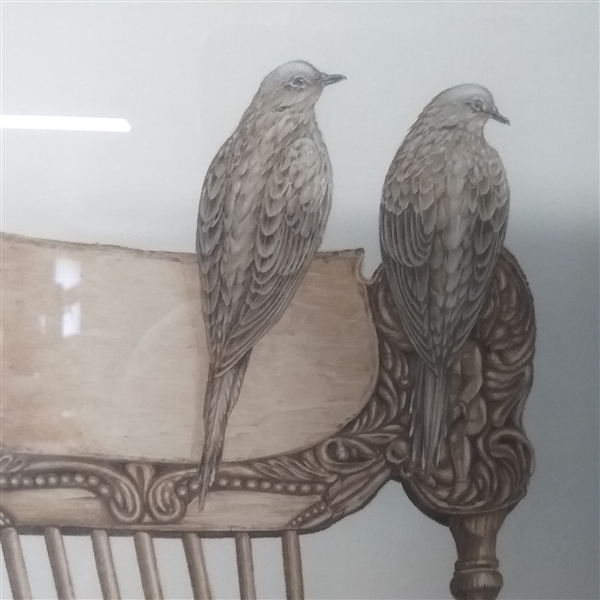 FRAMED 1984 RAY FOSTER DRAWING OF AN ANTIQUE CHAIR WITH BIRDS