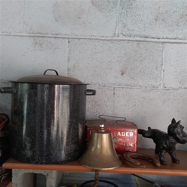 ENAMEL CANNING POT, DOG DOOR STOP, BELL, AND TIN