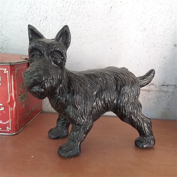 ENAMEL CANNING POT, DOG DOOR STOP, BELL, AND TIN