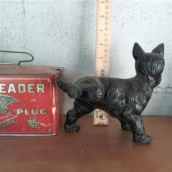 ENAMEL CANNING POT, DOG DOOR STOP, BELL, AND TIN