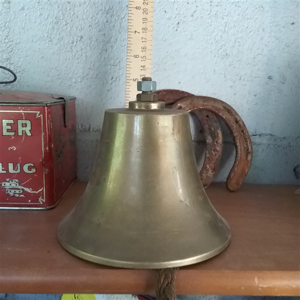 ENAMEL CANNING POT, DOG DOOR STOP, BELL, AND TIN