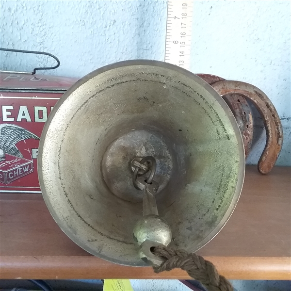 ENAMEL CANNING POT, DOG DOOR STOP, BELL, AND TIN