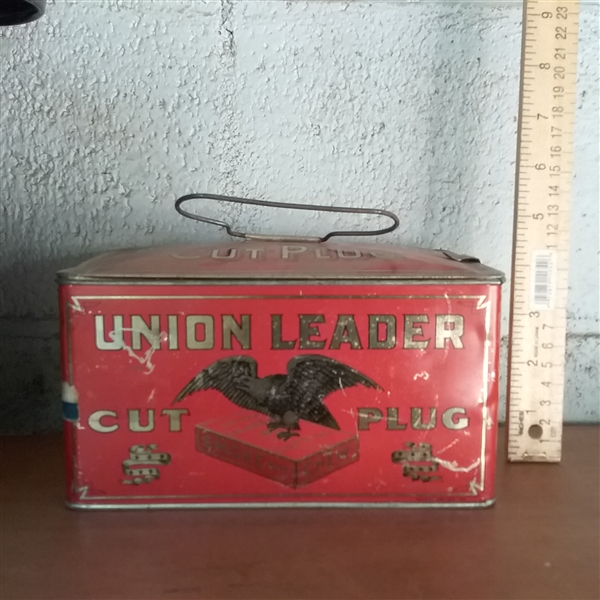 ENAMEL CANNING POT, DOG DOOR STOP, BELL, AND TIN