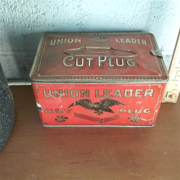 ENAMEL CANNING POT, DOG DOOR STOP, BELL, AND TIN