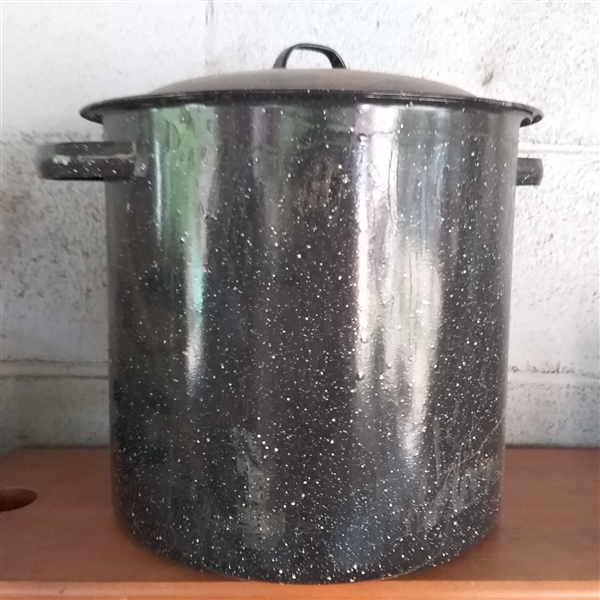 ENAMEL CANNING POT, DOG DOOR STOP, BELL, AND TIN