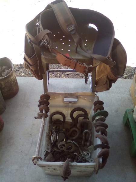 TOOL BAGS, METAL STOOL, BUCKET OF HOOKS AND HARDWARE