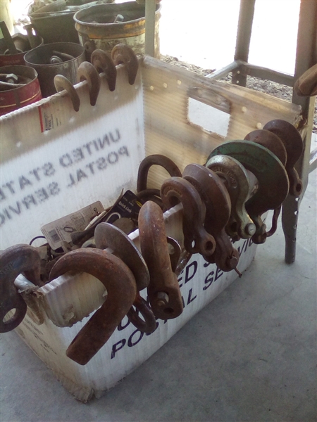 TOOL BAGS, METAL STOOL, BUCKET OF HOOKS AND HARDWARE