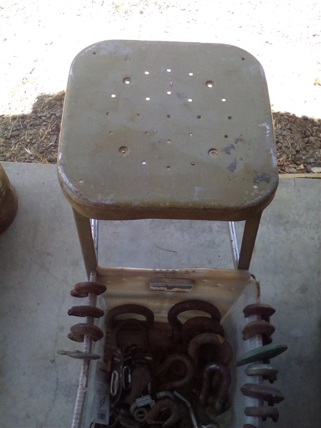 TOOL BAGS, METAL STOOL, BUCKET OF HOOKS AND HARDWARE