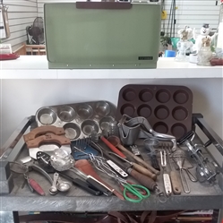 VINTAGE BREAD BOX, MUFFIN TINS AND KITCHEN UTENSILS 