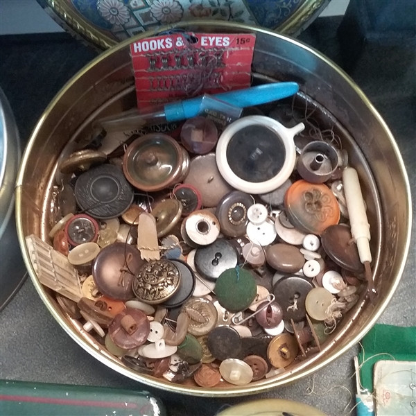 VINTAGE/ANTIQUE  TINS FULL OF BUTTONS, THREAD AND OTHER SEWING SUPPLIES 