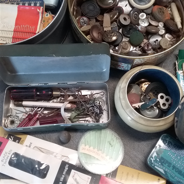 VINTAGE/ANTIQUE  TINS FULL OF BUTTONS, THREAD AND OTHER SEWING SUPPLIES 