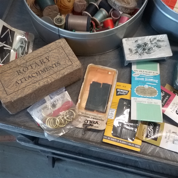 VINTAGE/ANTIQUE  TINS FULL OF BUTTONS, THREAD AND OTHER SEWING SUPPLIES 