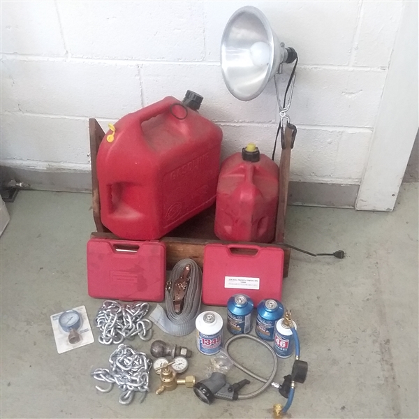 TWO GAS CANS, SAFETY CHAINS, REFRIGERANT AND MORE