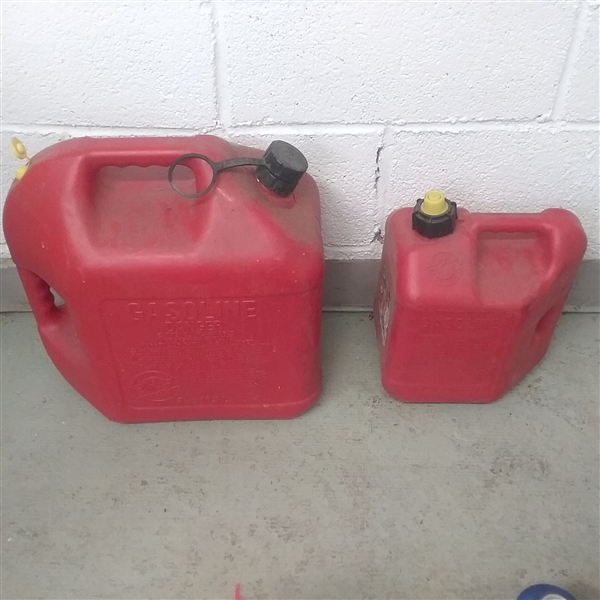 TWO GAS CANS, SAFETY CHAINS, REFRIGERANT AND MORE