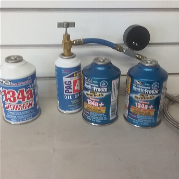 TWO GAS CANS, SAFETY CHAINS, REFRIGERANT AND MORE