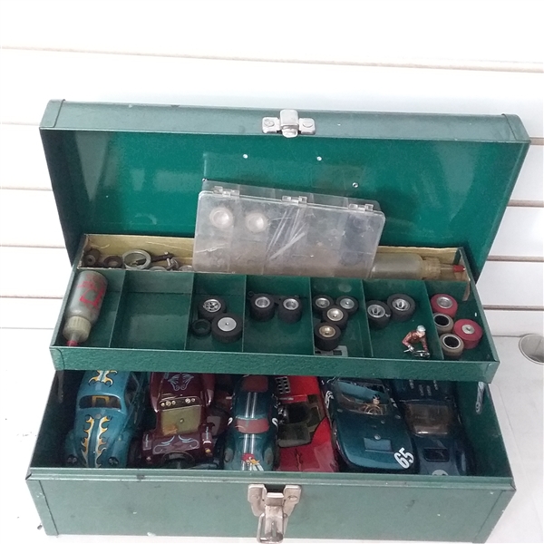 METAL TOOL BOX FULL OF VINTAGE ELECTRIC TOY RACE CARS