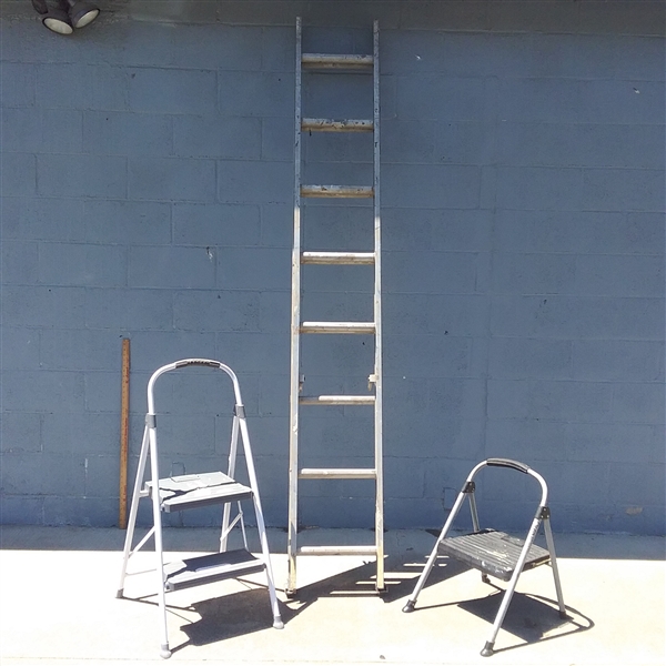 EXTENSION LADDER AND 2 STEP STOOLS 