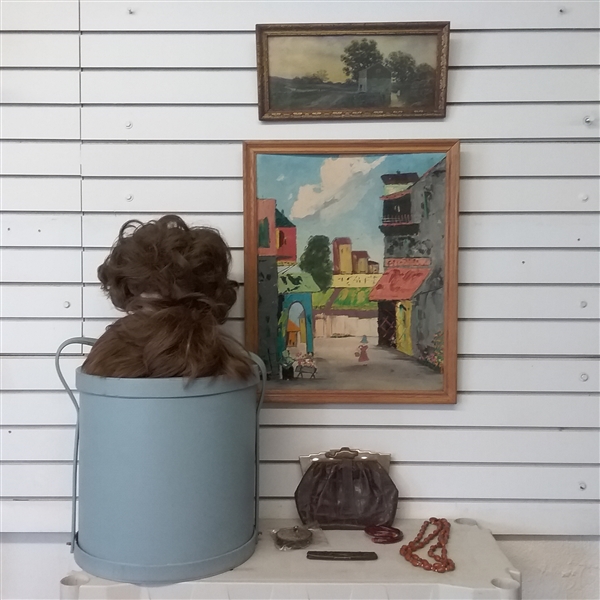 VINTAGE LADIES ACCESSORIES, HAT BOX W/2 WIGS, 2 FRAMED ART PICTURES