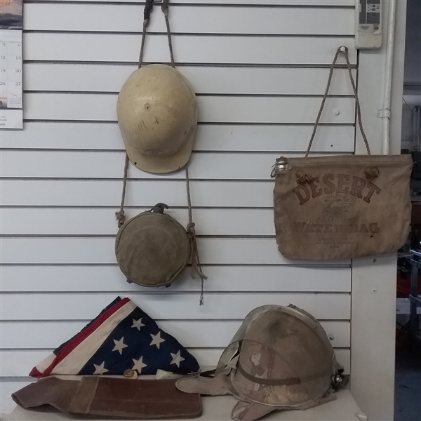 MILITARY HELMET AND PIN, AMERICAN FLAG, HARD HAT, CAMPING BAG AND CANTENE