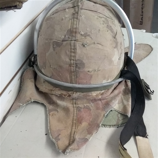 MILITARY HELMET AND PIN, AMERICAN FLAG, HARD HAT, CAMPING BAG AND CANTENE