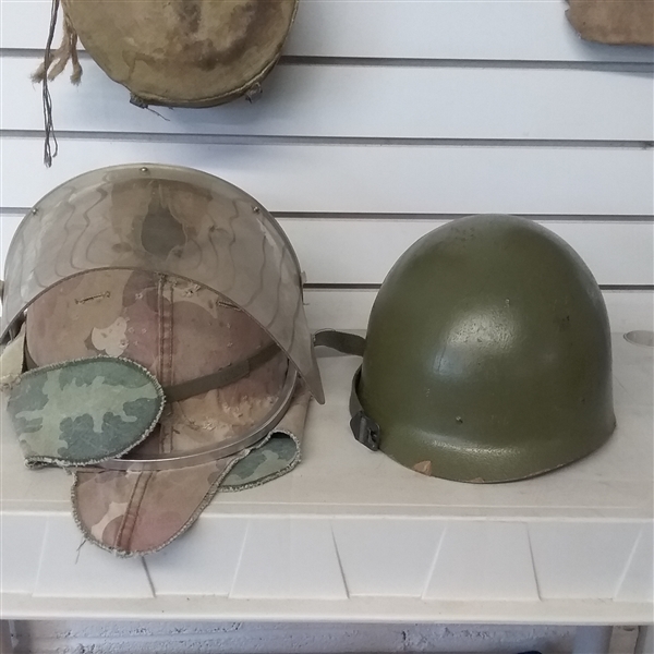 MILITARY HELMET AND PIN, AMERICAN FLAG, HARD HAT, CAMPING BAG AND CANTENE