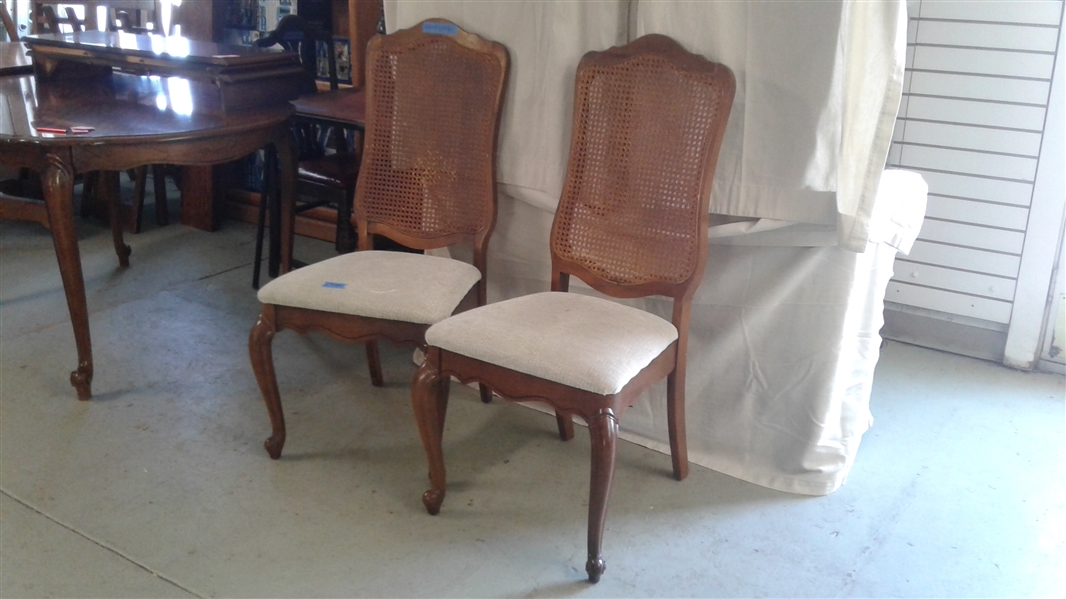 PAIR OF DINING CHAIRS WITH CANED BACKS & UPHOLSTERED SEATS