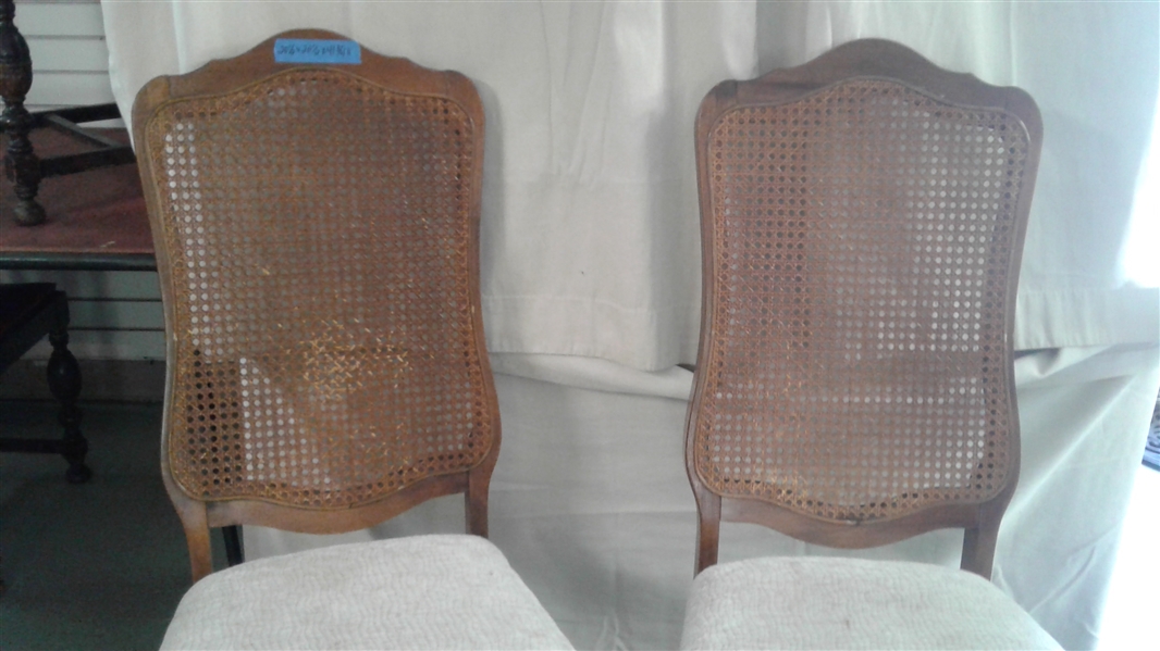 PAIR OF DINING CHAIRS WITH CANED BACKS & UPHOLSTERED SEATS