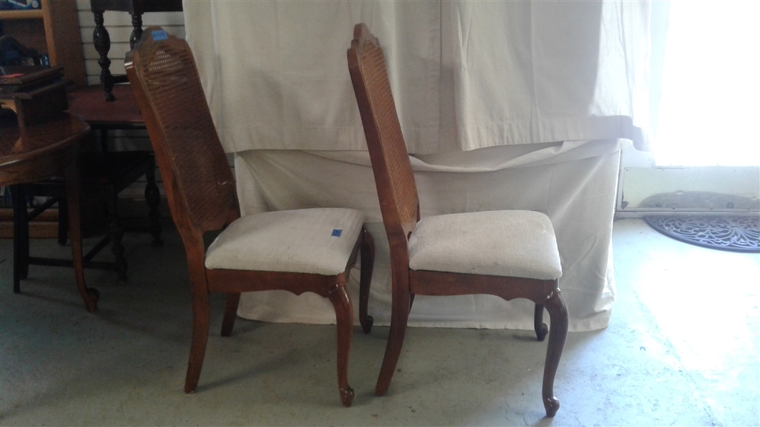 PAIR OF DINING CHAIRS WITH CANED BACKS & UPHOLSTERED SEATS