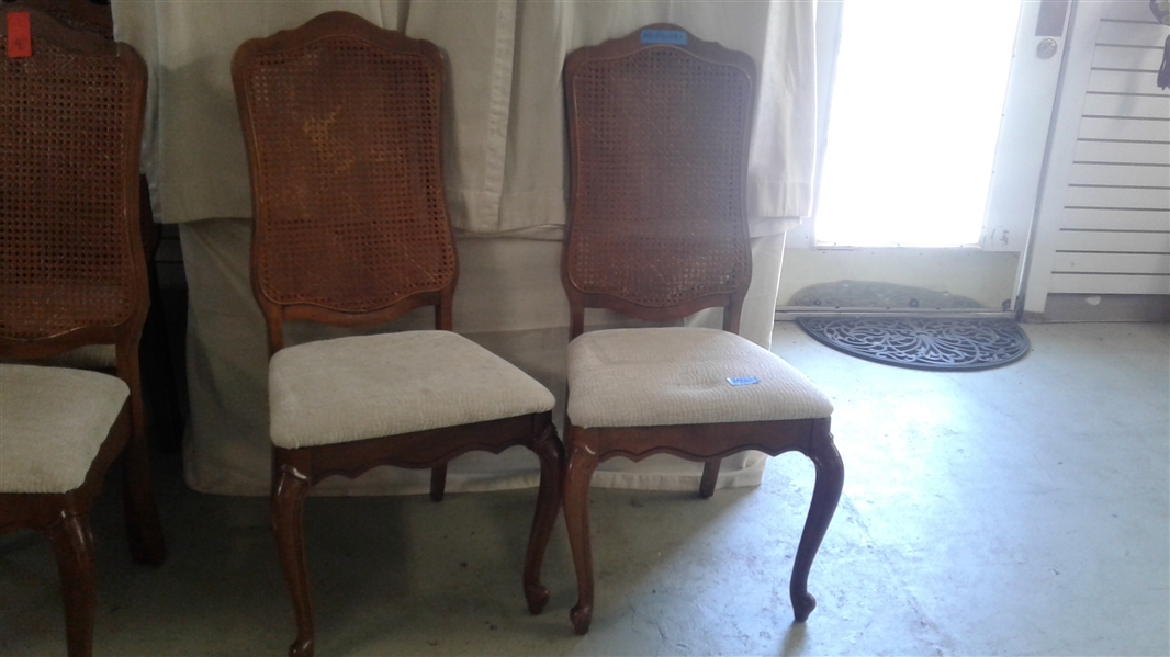 PAIR OF DINING CHAIRS WITH CANED BACKS & UPHOLSTERED SEATS