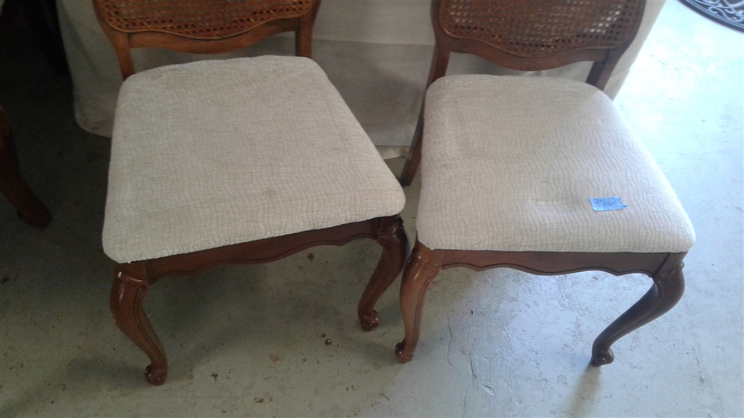 PAIR OF DINING CHAIRS WITH CANED BACKS & UPHOLSTERED SEATS