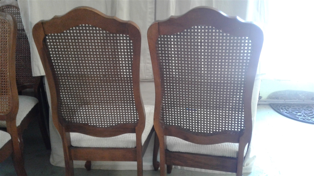 PAIR OF DINING CHAIRS WITH CANED BACKS & UPHOLSTERED SEATS