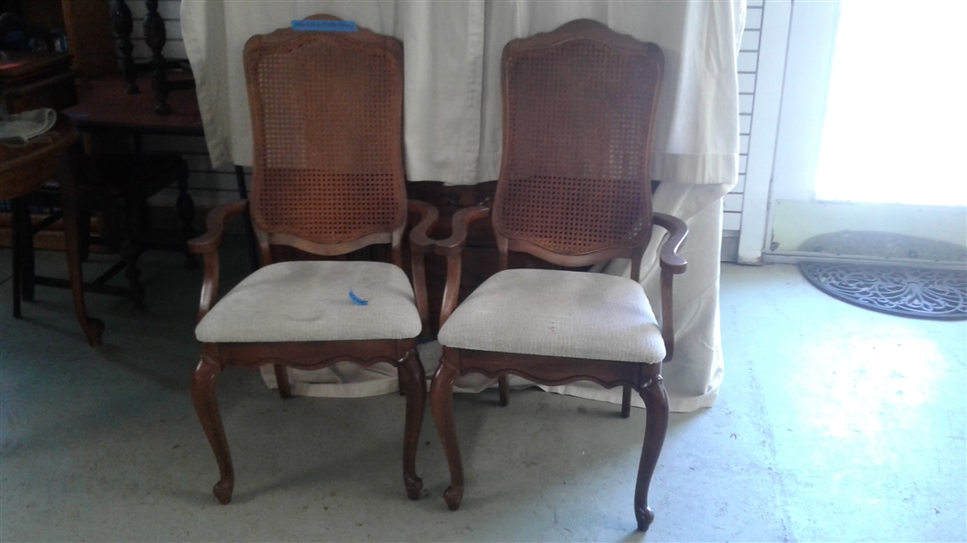 PAIR OF CAPTAINS CHAIRS WITH CANED BACKS & UPHOLSTERED SEATS