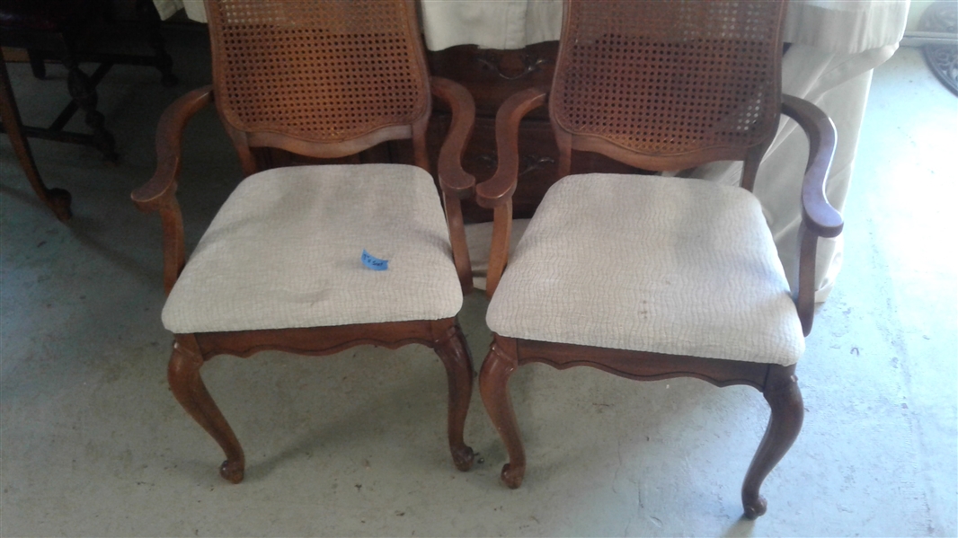 PAIR OF CAPTAINS CHAIRS WITH CANED BACKS & UPHOLSTERED SEATS