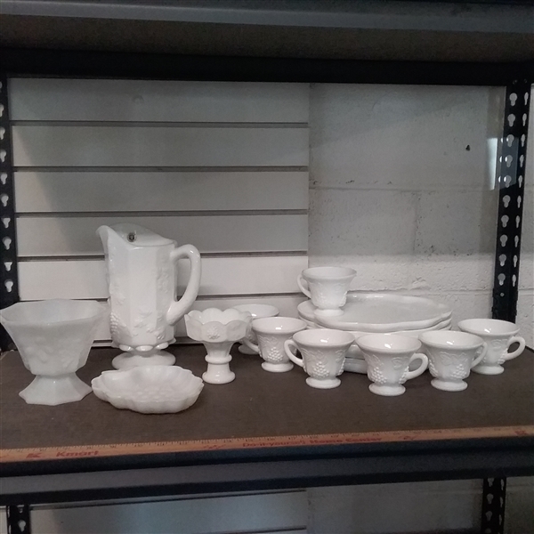 MILK GLASS SNACK  PLATE SETS, PITCHER  & MORE