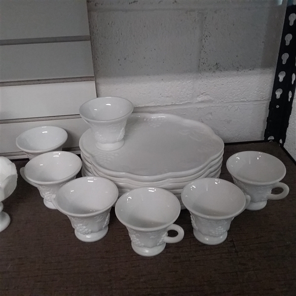 MILK GLASS SNACK  PLATE SETS, PITCHER  & MORE