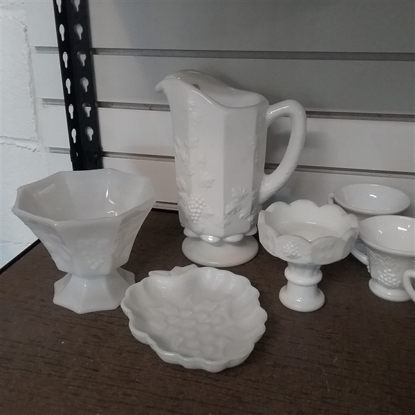 MILK GLASS SNACK  PLATE SETS, PITCHER  & MORE