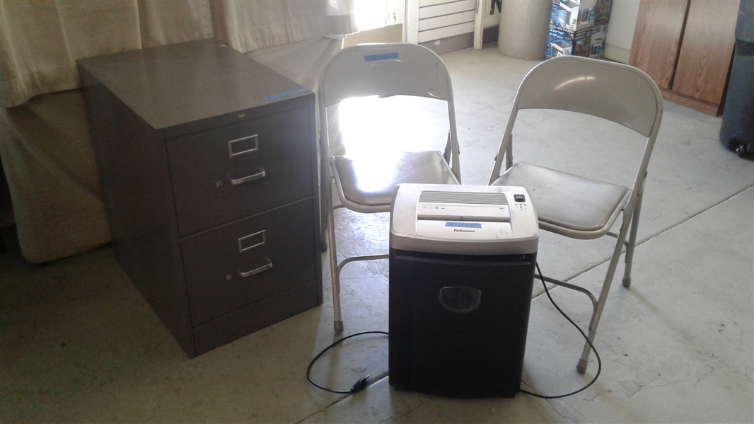 2 DRAWER METAL FILING CABINET, 2 FOLDING CHAIRS, AND PAPER SHREDDER