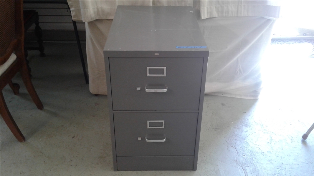 2 DRAWER METAL FILING CABINET, 2 FOLDING CHAIRS, AND PAPER SHREDDER