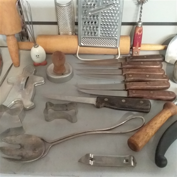 VINTAGE UTENSILS,  COOKIE CUTTERS, ROLLING PINS & MORE