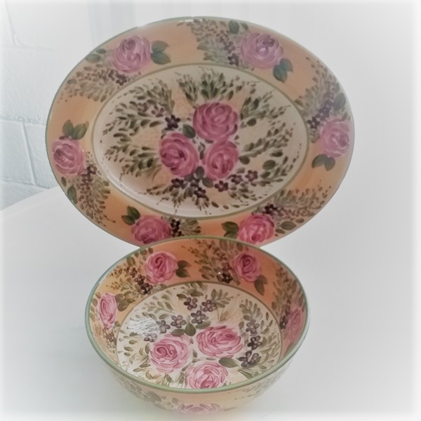 FRENCH GARDEN HAND PAINTED BOWL AND PLATTER