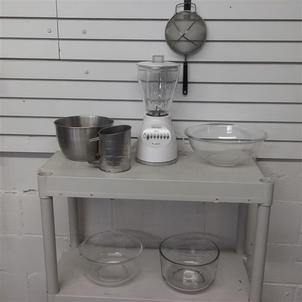 OSTERIZER BLENDER, GLASS AND METAL MIXING BOWLS, PYREX BOWL & SIFTERS
