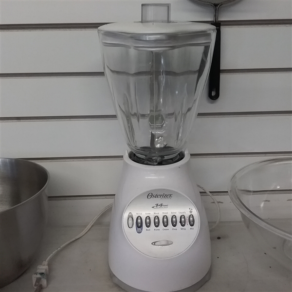 OSTERIZER BLENDER, GLASS AND METAL MIXING BOWLS, PYREX BOWL & SIFTERS